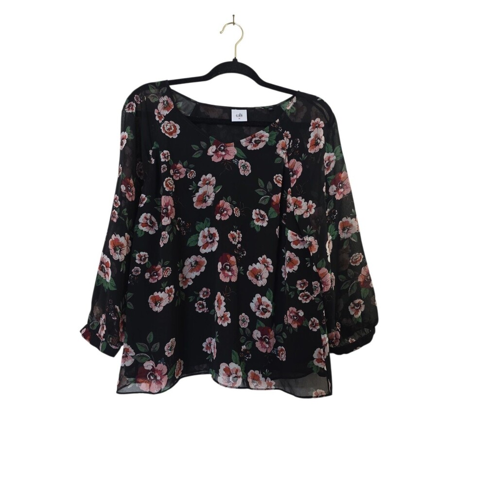 CABI Garden Blouse Floral Black & Pink Rose Chiffon Long Sleeves Medium